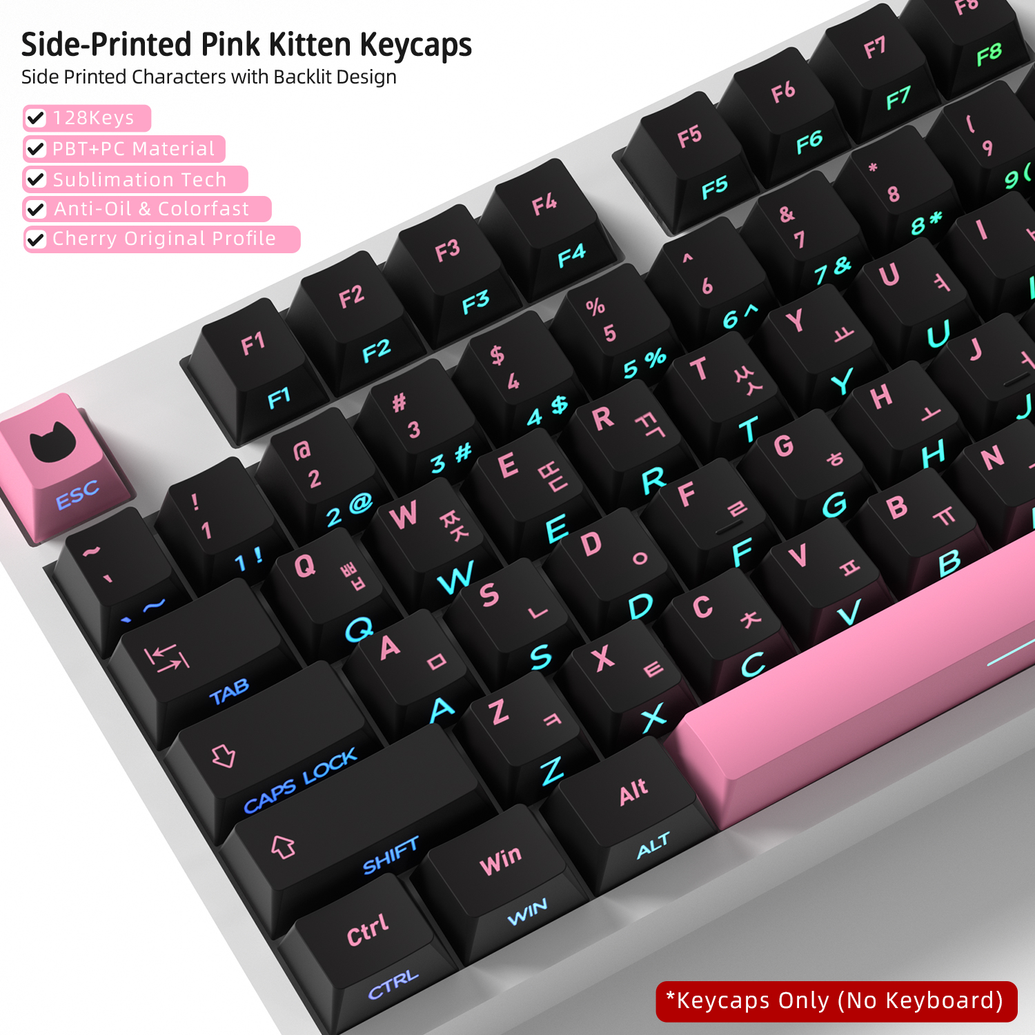Gaming Keyboard Typewriter - Black Pink Cat Korean Keycaps Side